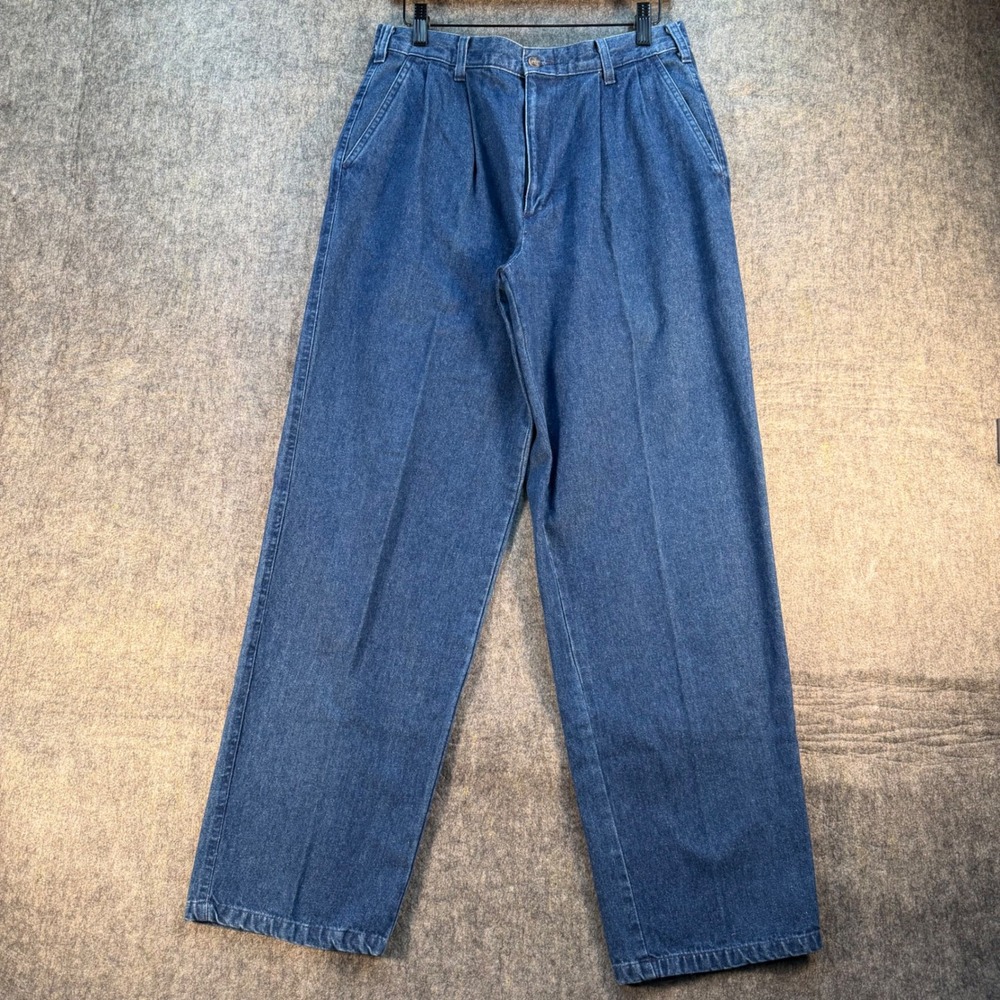 JW Vintage Mens Pleated Denim Trousers 32x30 Blue Cotton Relaxed Straight Jeans